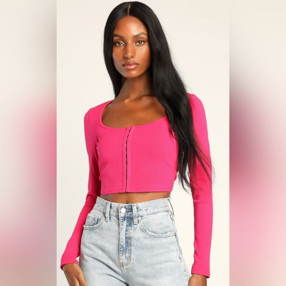 Lulu's Hooked On The Look Hot Pink Ribbed Hook And Eye Crop Top